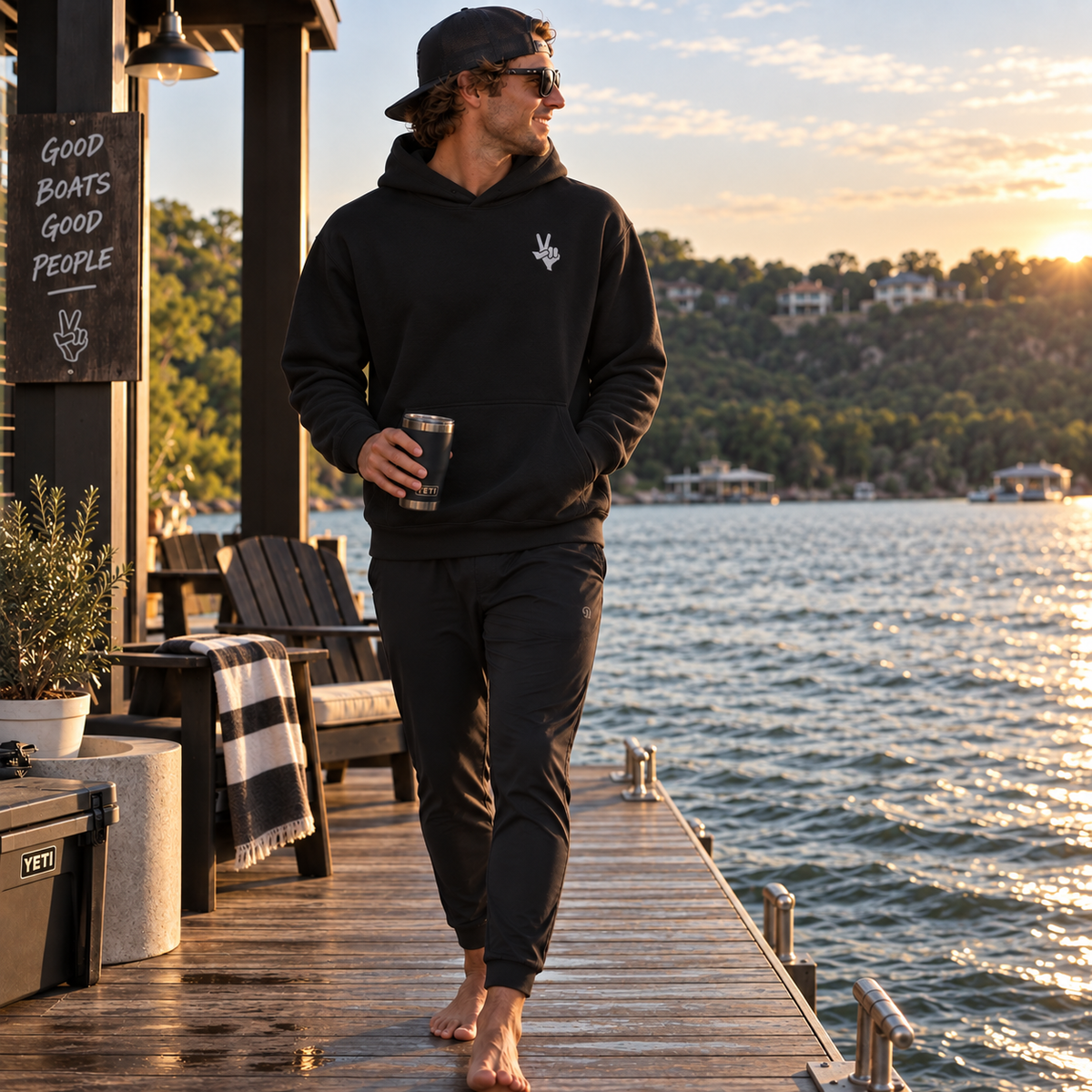 Lake Austin Waves Hoodie — Texas Peace Sign (Premium Embroidered)