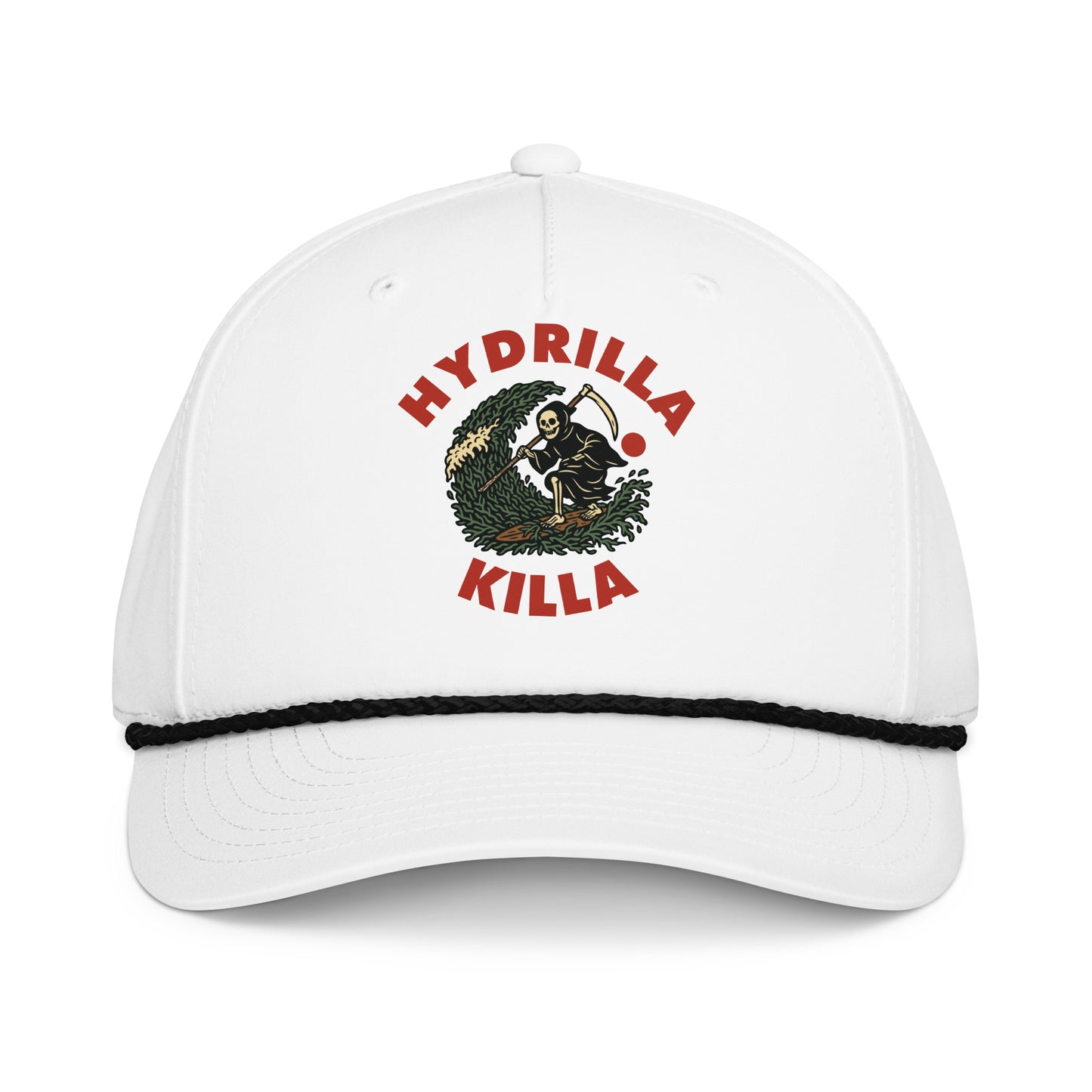 Hydrilla Killa white and black rope cap, front view with embroidered mark