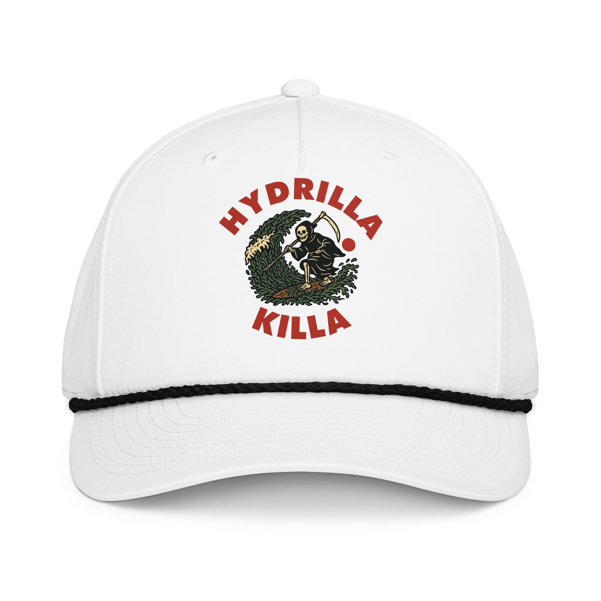 Hydrilla Killa white and black rope cap, front view with embroidered mark